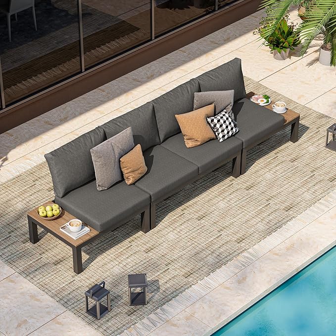 Oasbira Aluminum Outdoor Patio Furniture Set, 4 Seats Modular Patio Sectional Sofa Set with Adjustable Backrest & Removable Cushions, All-Weather Outdoor Conversation Sets for Garden & Yard, Graphite