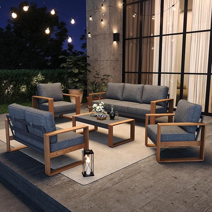 4 Pieces Aluminum Patio Furniture Set, Outdoor Conversation Sets with High Backrest Sofa and Coffee Table for Garden and Backyard