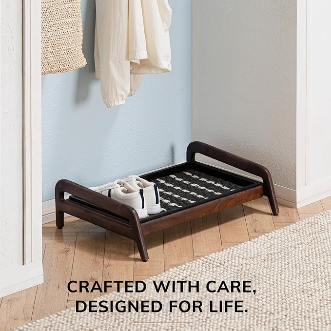 Anji Mountain Heavy Duty Waterproof Wooden Shoe Storage Mat Organizer/Boot Storage Tray Multi Use for Entryway with Coir, Gray and Ivory Insert, 1 Tier, Fits 2 Pair (26.5" Wide)