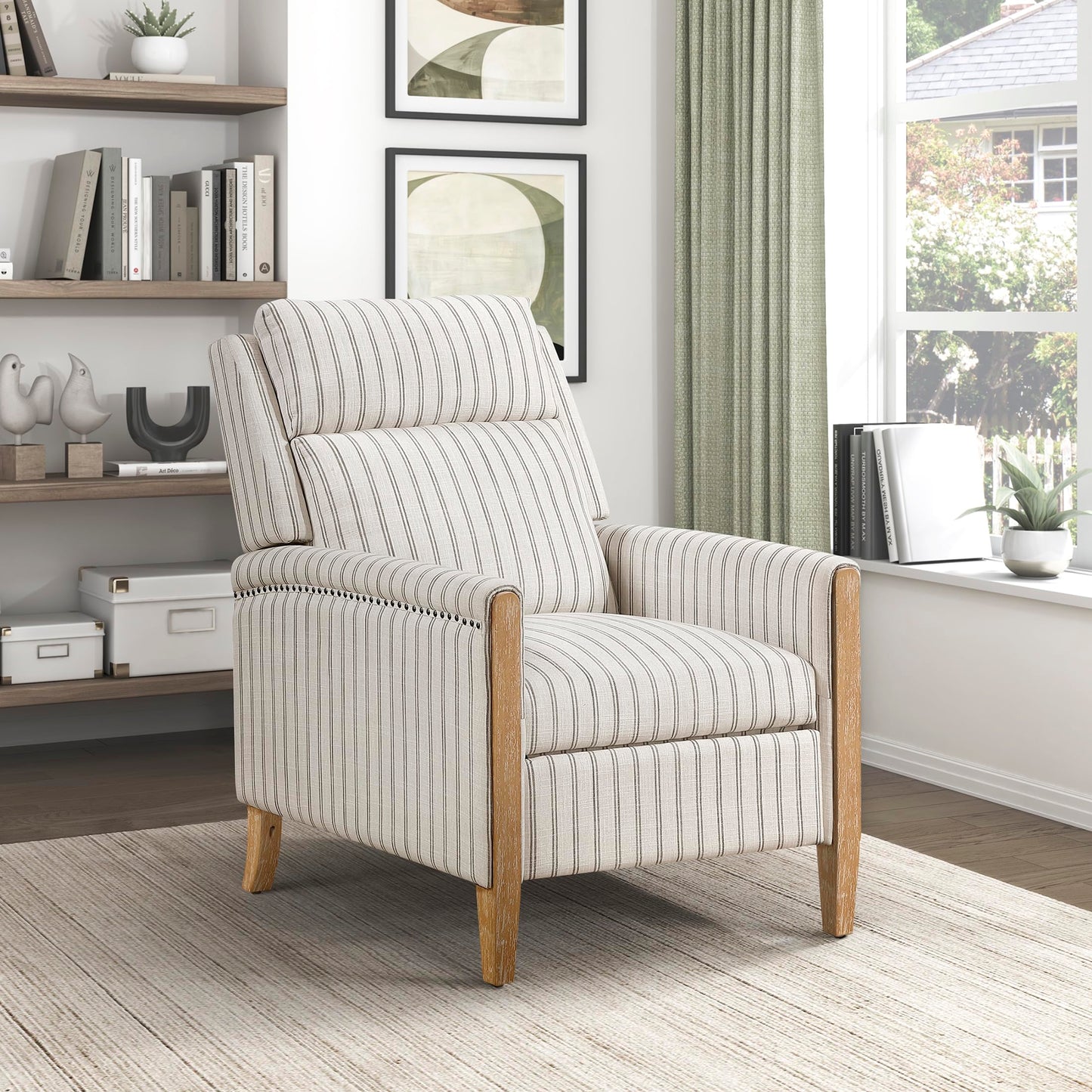 Lexicon Pushback Recliner Chair, Striped Textured Fabric Accent Armchair, Push Back Recliner, Nailhead Trim, Solid Wood Legs, Easy Assembly for Living Room/Office/Apartment, White/Grey