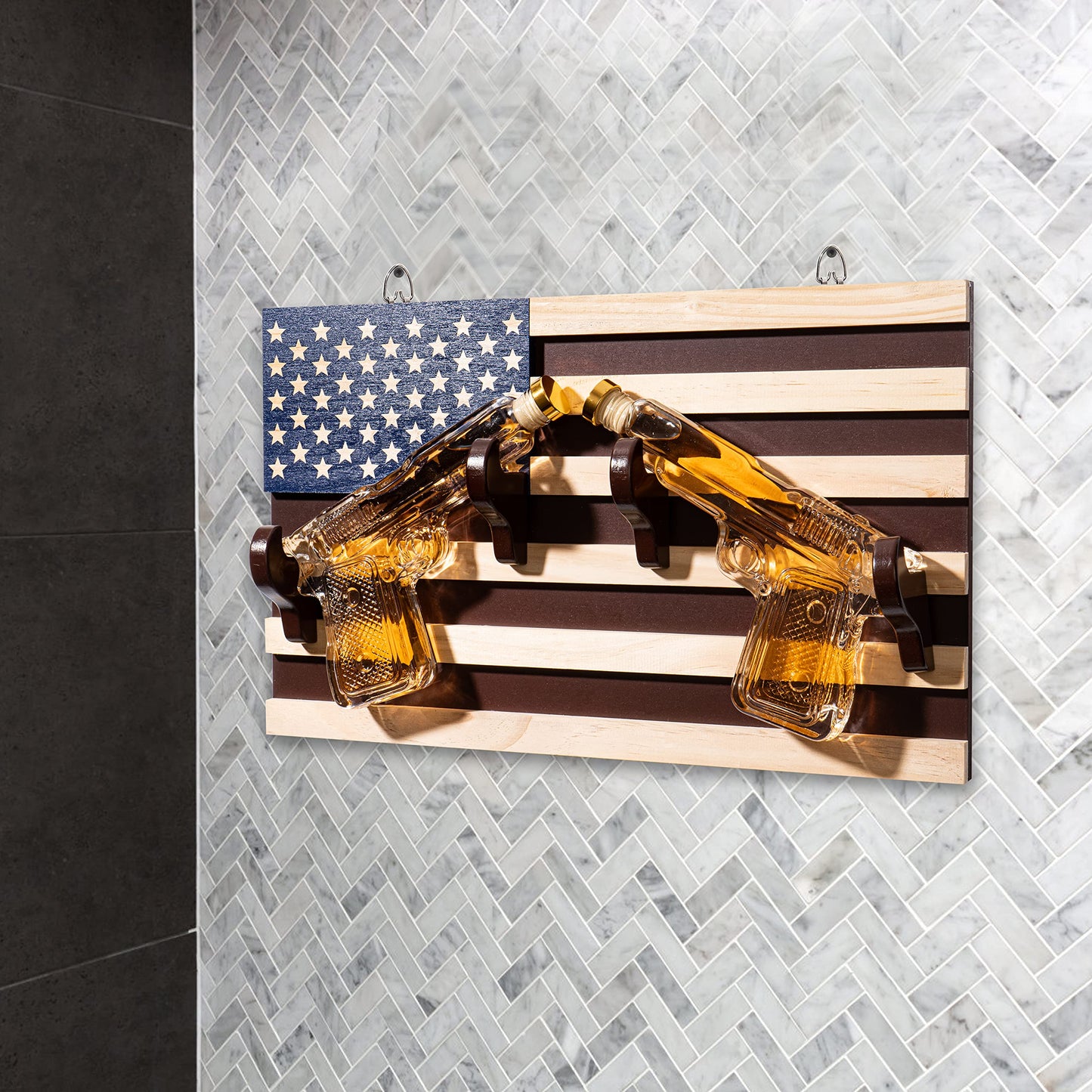 Pistol Whiskey Decanter Set of 2 300ml On American Flag Wall Rack by The Wine Savant - Tik Tok Gun Decanter, Veteran & Military Gifts, Home Bar & Law Enforcement Gifts