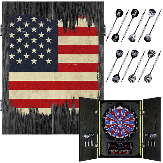 Yirinatek Electronic Dart Board, Electric Dartboard for Adults [12*Bronze Soft Tip Darts] 8-Color LED for 8 Players-Rustic Dart Board Cabinet for Home & Bar - US Flag