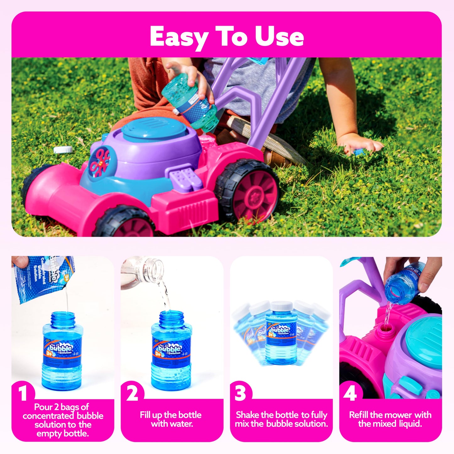 SLOOSH Bubble Lawn Mower Toddler Toys - Kids Bubble Machine Summer Outdoor Push Toy Games, Backyard Garden Outside Play Toddlers Preschool Boys Girls Birthday Gifts (Pink)