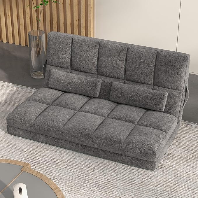 HOMCOM Convertible Floor Sofa Chair, Folding Couch Bed, Guest Chaise Lounge with 2 Pillows, Adjustable Backrest and Headrest, 51.25" L, Dark Gray