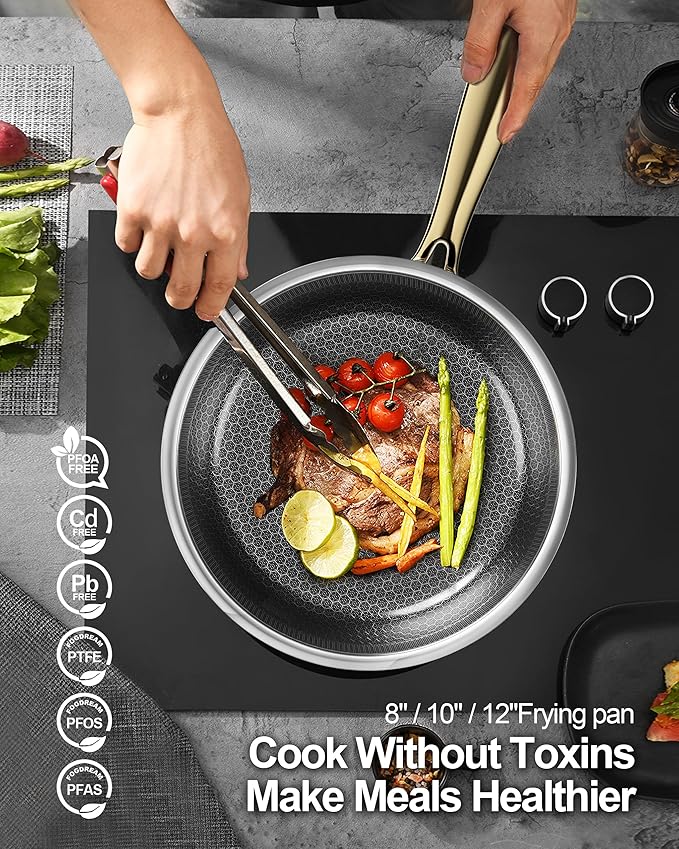 FogDream 3 Pcs Non Stick Frying Pans without Lids, 8, 10 & 12 Inch Stainless Steel Skillets, Tri-Ply Stainless Steel for All Cooktops, Dishwasher & Oven-Safe Cooking Pan, Stay-Cool Handle, Gold