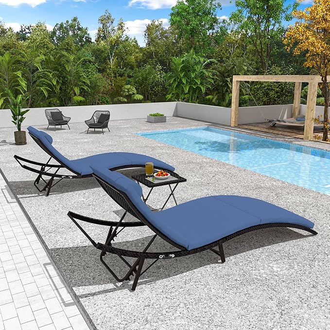 Trumbeak Patio Chaise Lounge Set 3 Pieces Pool Lounge Chairs,Cushioned Outdoor Folding Lounge Chair w/Rattan Adjustable Backrest for Poolside Porch,Folding Table Included,NavyBlue