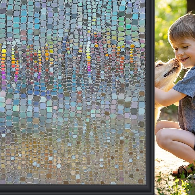 Windimiley Rainbow Window Privacy Film, 3D Stained Glass Christmas Decorative Window Clings, UV Heat Blocking Holographic Prism Stickers for Home (23.6 x 78.5In,Brown)