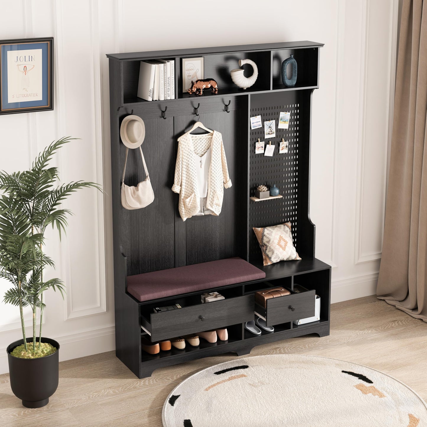 CHUNLY Multi-Purpose Entryway Hall Tree with Removable Linen Cushioned Storage Bench, Shoe Bench with Coat Rack, Storage Shelves, and DIY Pegboard for Entrance, Hallways, Foyer, Porch (Black)