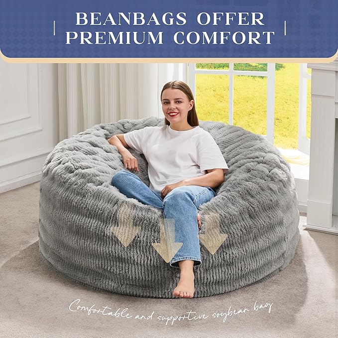 Hobestluk Bean Bag Chairs Beanbag Chair with Filler Adult Bean Bags with Fluffy Ripple Cover, Giant Bean Bag Chairs for Adults (Grey, 4FT - 44" x 44" x 24")