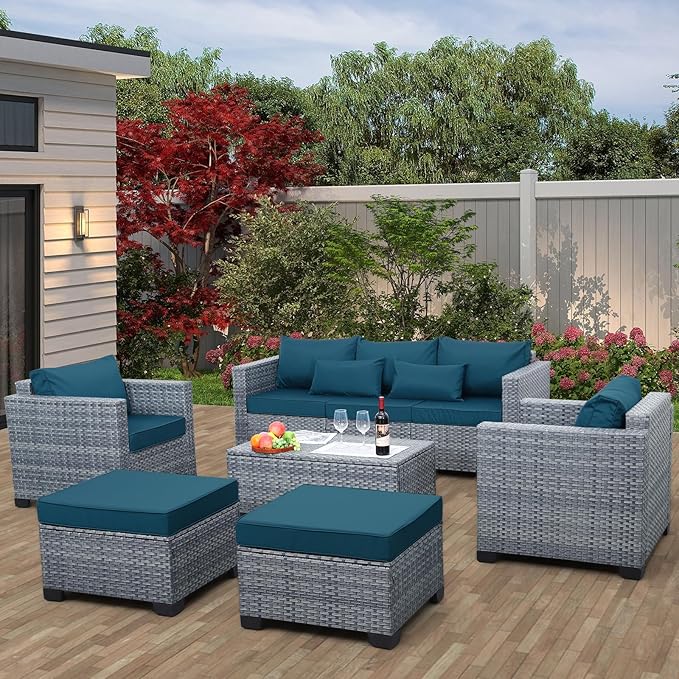 Lviden 6 Pieces Wicker Patio Furniture Sets Outdoor Conversation Set HDPE Rattan Sectional Sofa Couch with Storage Table and Peacock Blue Cushions