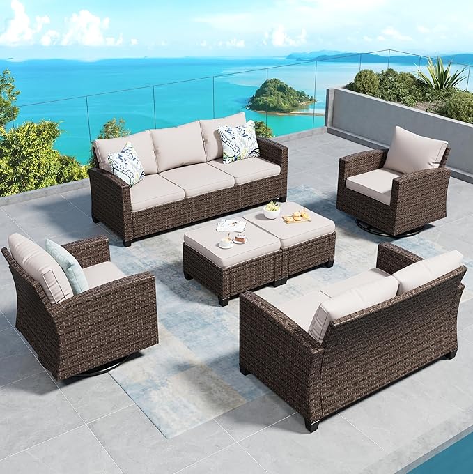 SUNSHINE VALLEY Swivel Glider Patio Furniture Set Outdoor Furniture Brown Wicker Rattan Patio Conversation Sets with Cushion Outside Sofa Set,6 Pieces 9 Seats,Beige