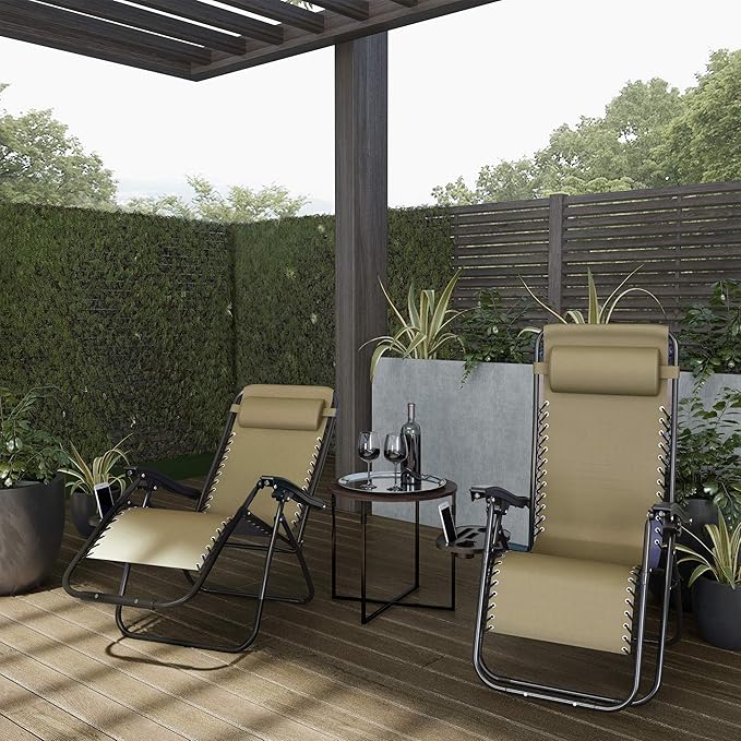Lavish Home Zero Gravity Chairs - Set of 2 Outdoor Chairs with Side Tables with 2 Cupholders, Phone, and Tablet Holder and Chair Pillow (Beige)