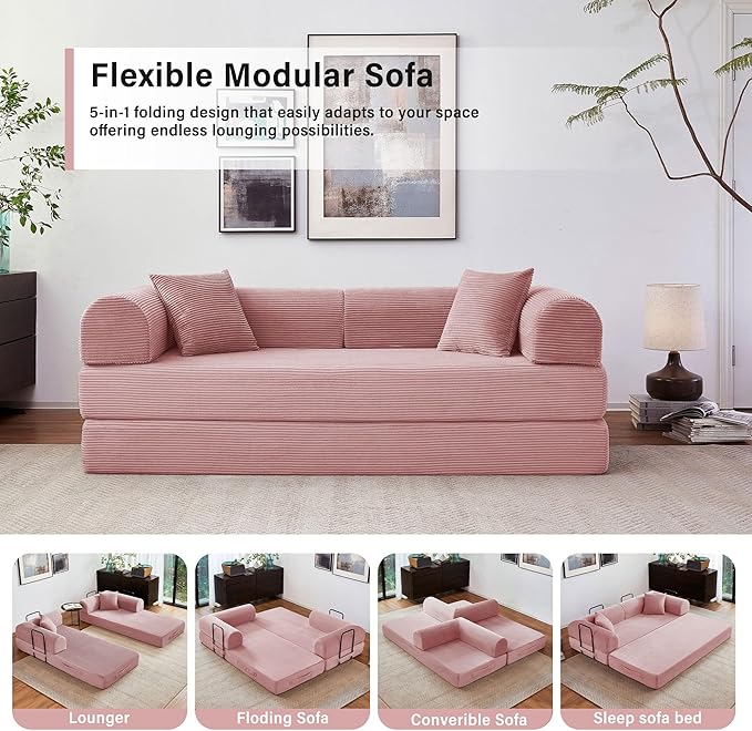 79" 5-in-1 Folding Convertible Sofa Bed, Oversized Corduroy Futon Floor Couch with Pull-Out Sleeper, Modular Boneless Loveseat for Small Spaces, Living Room, Bedroom (Pink)