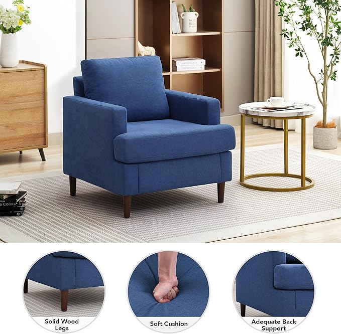 Weture Mid-Century Accent Chair,Modern Linen Fabric Armchair for Living Room,Comfy Upholstered Reading Accent Chairs for Bedroom,Single Sofa Chair with Wood Legs (Blue, 1 Pack)