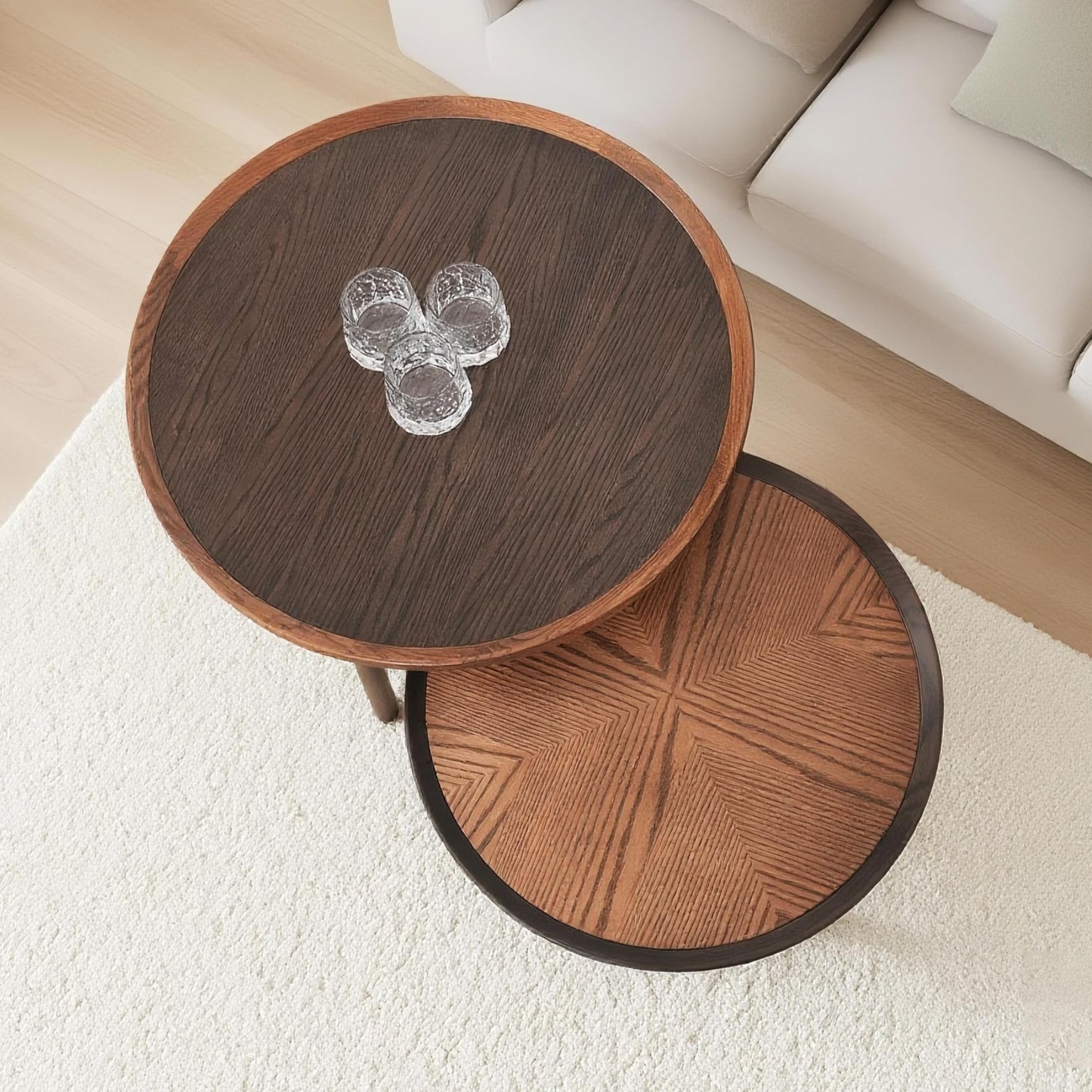 CONSDAN 2-Piece Nesting Coffee Table Set, Solid Oak Frame & Veneer Top, USA Grown Hardwood, Small & Large Round Side Tables for Living Room, Bedroom