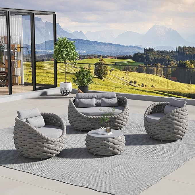 ercimi 4 Pieces Set Aluminum Outdoor&Indoor Sofa, Modern Patio Furniture Set Conversation Set with Soft Cushion and Coffee Table for Balcony Garden，Grey