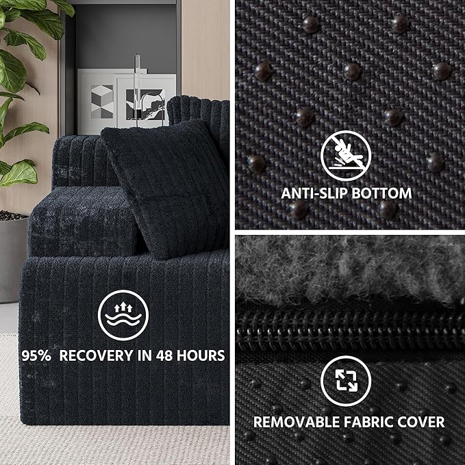 LAUSAINT HOME 96" Modular Sectional Sofa Couches, L-Shaped Boneless Cloud Sofa with 3 Deep Seat, 5 Cushiones Oversized Chaise for Living Room, Bedroom, Plush Corduroy Fabric (Left, Black)