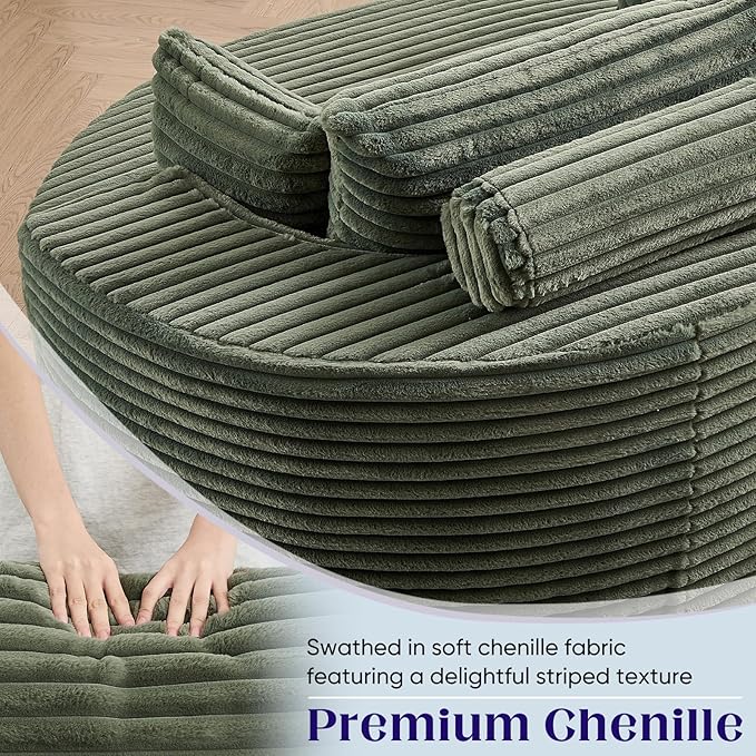 360-Degree Oversized Swivel Chair, Modern Round Circle Corduroy Comfy Deep Seat Swivel Accent Chaise Lounge Sofa Chair with Back Cushion & 2 Throw Pillows for Living Room Bedroom Office, Green