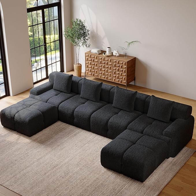 135" Modern L Shaped Modular Sectional Sofa, 6 Seater Convertible Chenille Cloud Couch Sofa Set, Boneless Couches for Living Room with Ottoman, No Assembly Required, Black