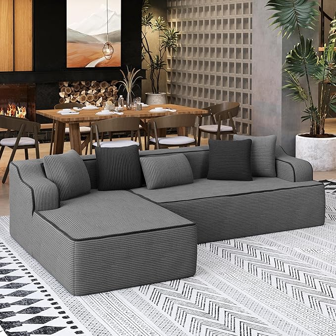 SUNSHINE VALLEY Cloud Sectional Couch for Living Room, 104'' L-Shaped Modular Sofa with Chaise, Modern Corduroy Boneless Couch with Deep Seat, No Assembly Required, Grey