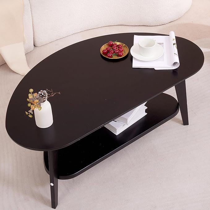 NAVREX Mid Century Modern Coffee Table, Oval Coffee Tables with Storage for Living Room, 2 Tier Solid Wood Center Table, Black Coffe Tables, Easy Assembly, 40.2" D x 22" W x 17.7" H