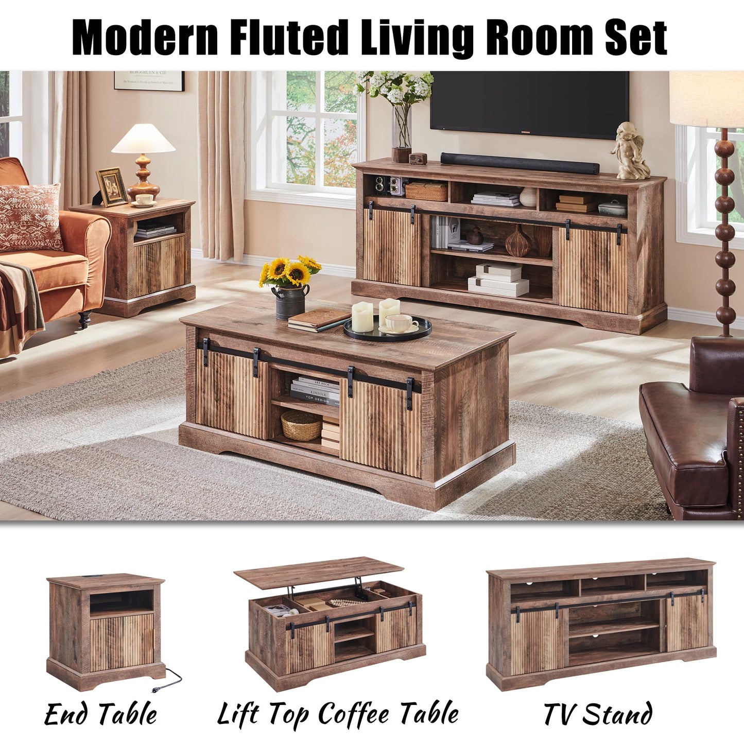 Fluted TV Stand for 75 Inch TVs, 32" Tall Modern Entertainment Center with Waveform Panel Sliding Door, Media Console Cabinet with Storage & Adjustable Shelf for Living Room, 66 inch-Light Brown