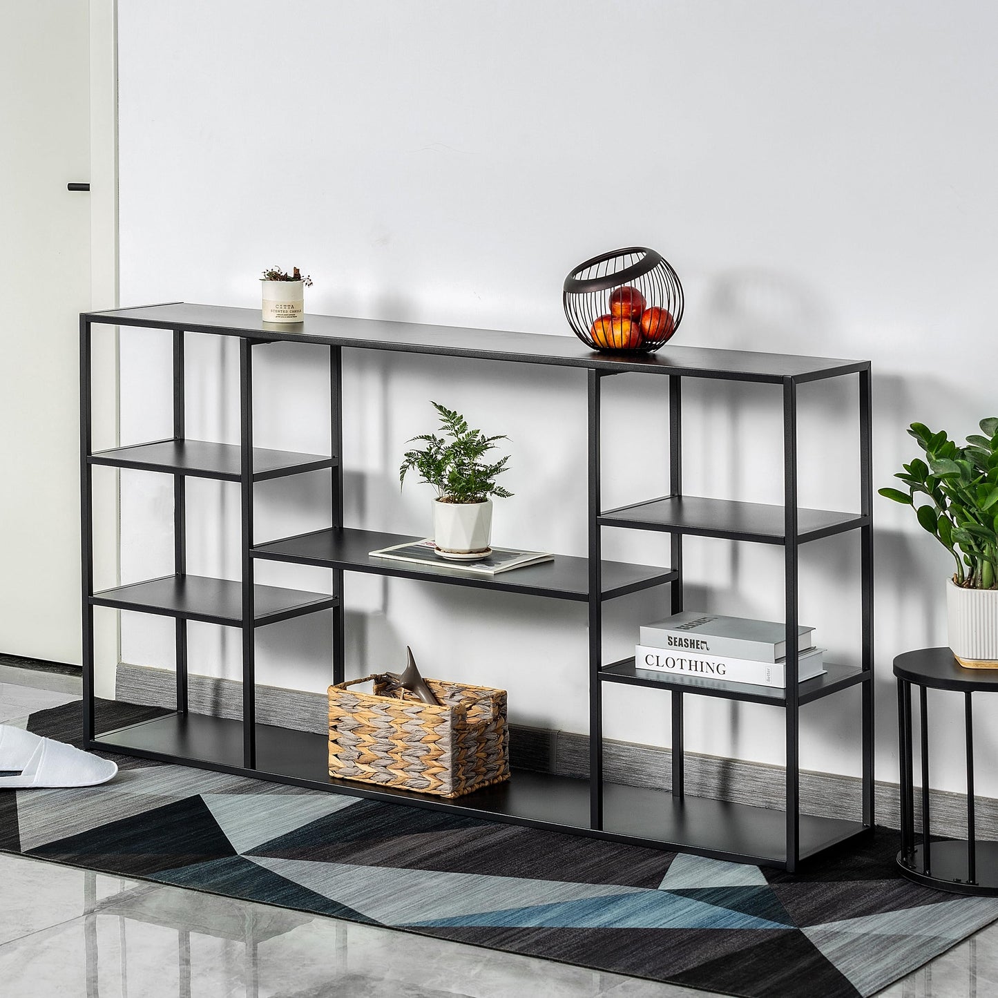 Leinade 55 Inch Metal Console Table with 8 Storage Shelves,Extra Long Entryway Table,Narrow Sofa Table,Hallway Table for Entrances to Corridor, Foyer,Living Room (Black, 55.12×11.81×31.5in)