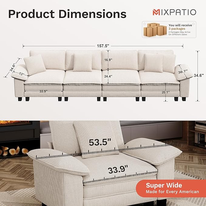 MIXPATIO 157.5" Cloud Modular Sectional Sofa, 4-Seater w/Deep Seat & Removable Arms, Plush Corduroy for Living Room - Beige