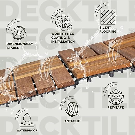 VICTORY RELAX Acacia Wood Decking Tiles 27PCS - Easy Snap Interlocking Deck Tiles for Patio Poolside Balcony Decor - All Weather Waterproof Flooring for Indoor & Outdoor (Round Joints)