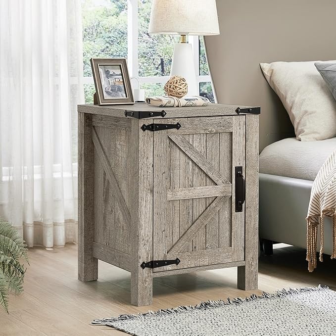 OKD Nightstand with Charging Station, 18 Inch Farmhouse End Table with Barn Door and Adjustable Storage Shelf, Rustic Wood Sofa Side Table w/Magnetic Door for Living Room, Bedroom, Light Rustic Oak