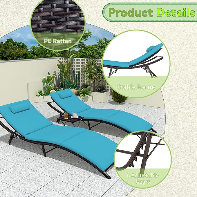 Trumbeak Patio Chaise Lounge Set 3 Pieces Pool Lounge Chairs,Cushioned Outdoor Folding Lounge Chair w/Rattan Adjustable Backrest for Poolside Porch,Folding Table Included,Turquoise Blue