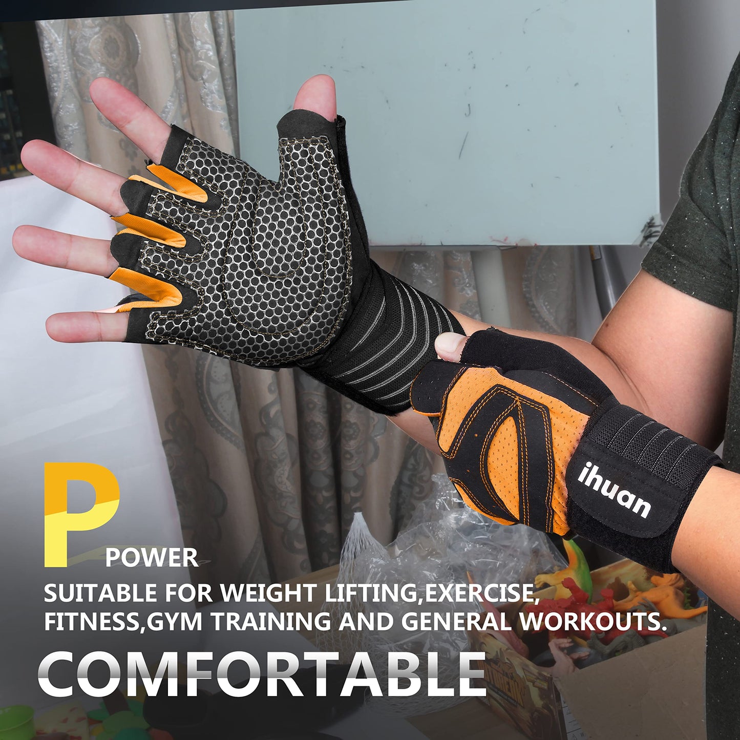 ihuan Ventilated Weight Lifting Gym Workout Gloves with Wrist Wrap Support for Men & Women, Full Palm Protection, for Weightlifting, Training, Fitness, Hanging, Pull ups (Orange, S)