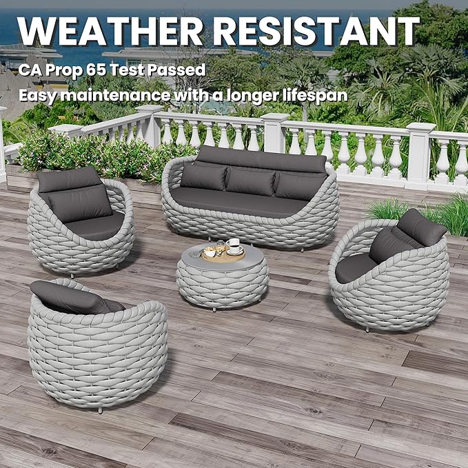 Erotr Aluminum Outdoor Patio Couch Set: 5 Pieces Woven Rope Porch Furniture Sofa Set Cushioned - Metal Modern Deck Conversation Set - All Weather Assembled Courtyard Seating for Backyard Pool Hotel