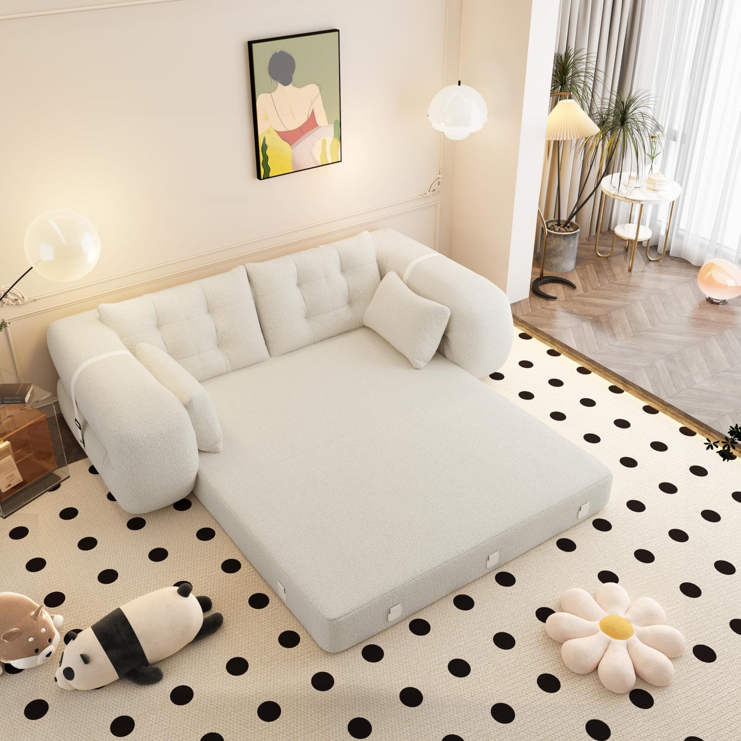 Ball & Cast Multi-Functional Foldable Sofa Bed with High-Density Foam,Teddy Fabric Upholstered Couch W/4 Pillows,Convertible Sleeper Sofas Bed,Living Room Furniture for Bedroom,Apartment,Beige,79"