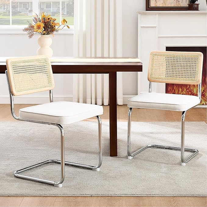 Zesthouse Natural Rattan Dining Chairs Set of 2, Modern Dining Room Chairs with Solid Wood Back for Kitchen Living Room, Mid Century Breuer Design Inspired, Upholstered Velvet Fabric, White