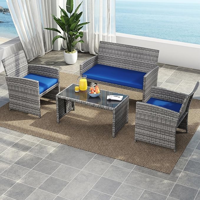 Tangkula 4 Piece Patio Wicker Furniture Set, Outdoor Heavy Duty Rattan Cushioned Chairs, Loveseat and Tempered Glass Coffee Table, for Backyard, Balcony, Poolside (Navy)
