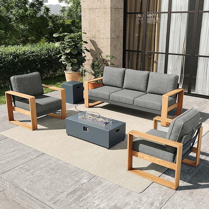 4 Pieces Aluminum Patio Furniture Set, Outdoor Conversation Sets with High Backrest Sofa and Fire Pit Table for Garden and Backyard
