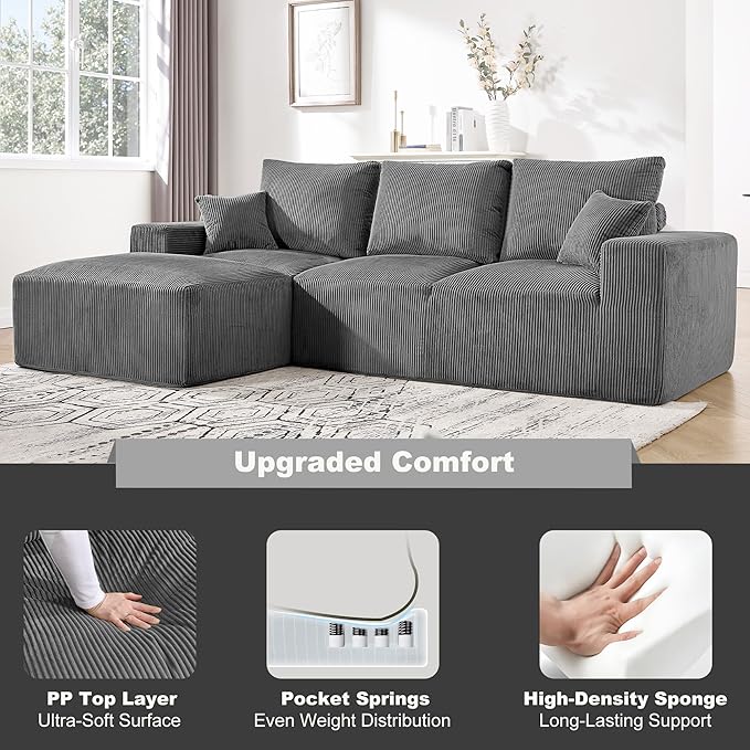 108" Modular Sectional Sofa, Compression Sofa with Deep Seat, Modular L-Shape Couch with Chaise, Upholstered Couches for Living Room Bedroom, No Assembly Required (Grey Corduroy, 108" L Shape)