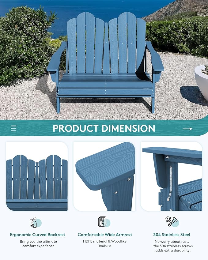 SERWALL 2 Person Adirondack Loveseat, HDPE All-Weather Folding Adirondack Bench Chair, Outdoor Adirondack Chair Set of 4, Navy