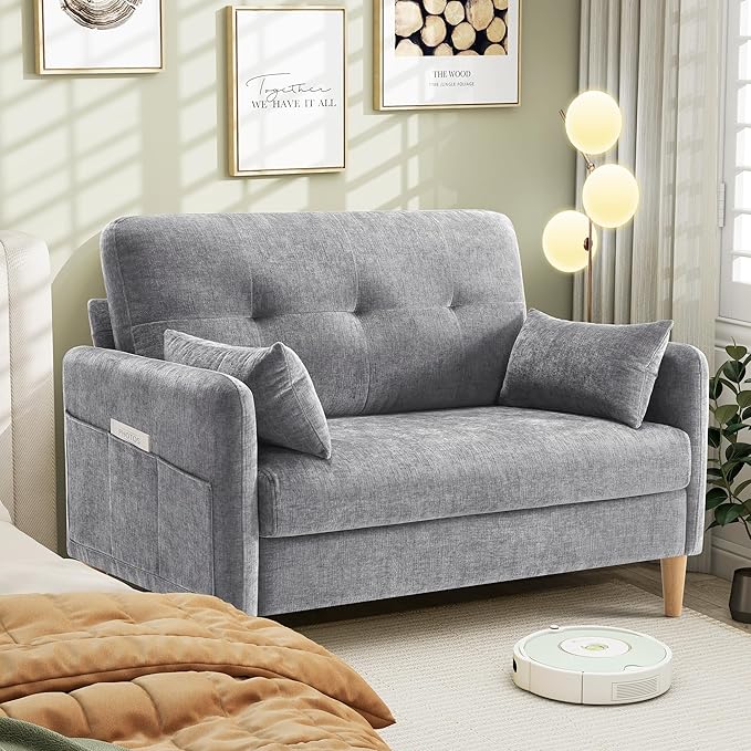 Hanherry Loveseat Sofa, 47” Small Couch for Living Room, Comfy Chenille Fabric Love Seat for Bedroom with Throw Pillow,Removable Cushion Cover,Couches for Small Space,Apartment,Dorm