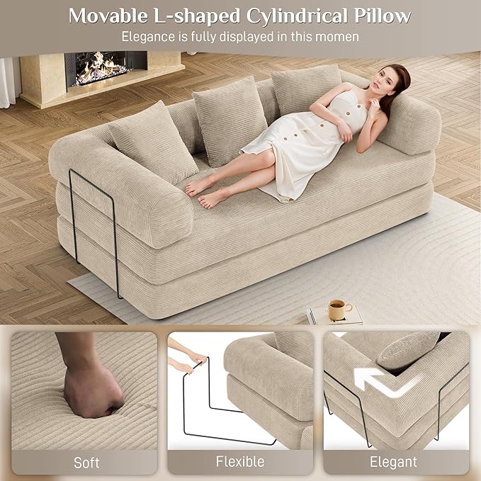 DAMAIFROM Convertible Sleeper Sofa Bed with Cylindrical Pillow, Corduroy Folding Mattress Couch with Fixed-Shape Frame, Modular Floor Sofa Lounge Couch for Living Room Bedroom Lounge, Light Brown