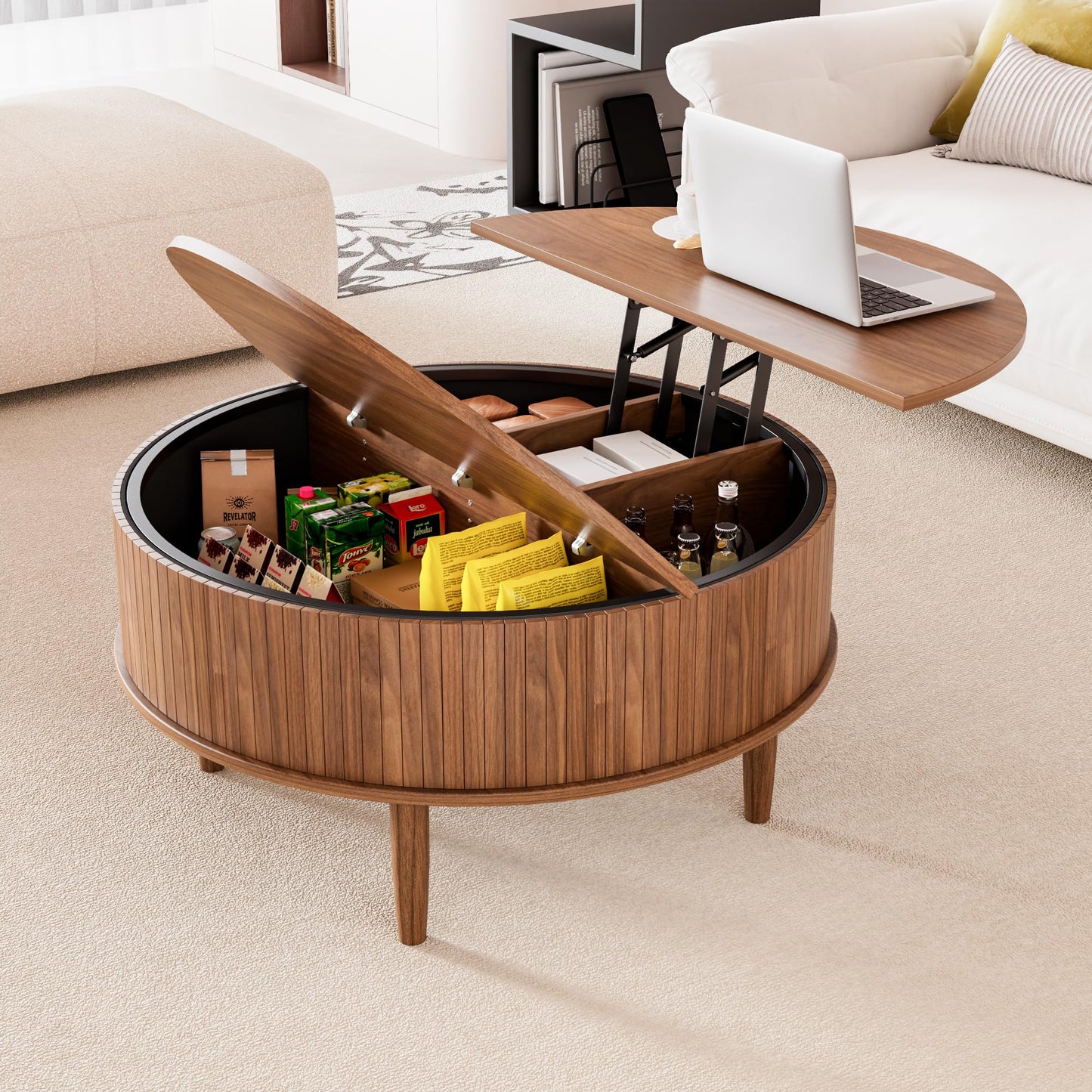 Round Fluted Lift Top Coffee Table with Storage, Mid Century Modern Coffee Table for Living Room, Home Small Space,31.5" Fluted Center Table (Walnut, 31.5inch)