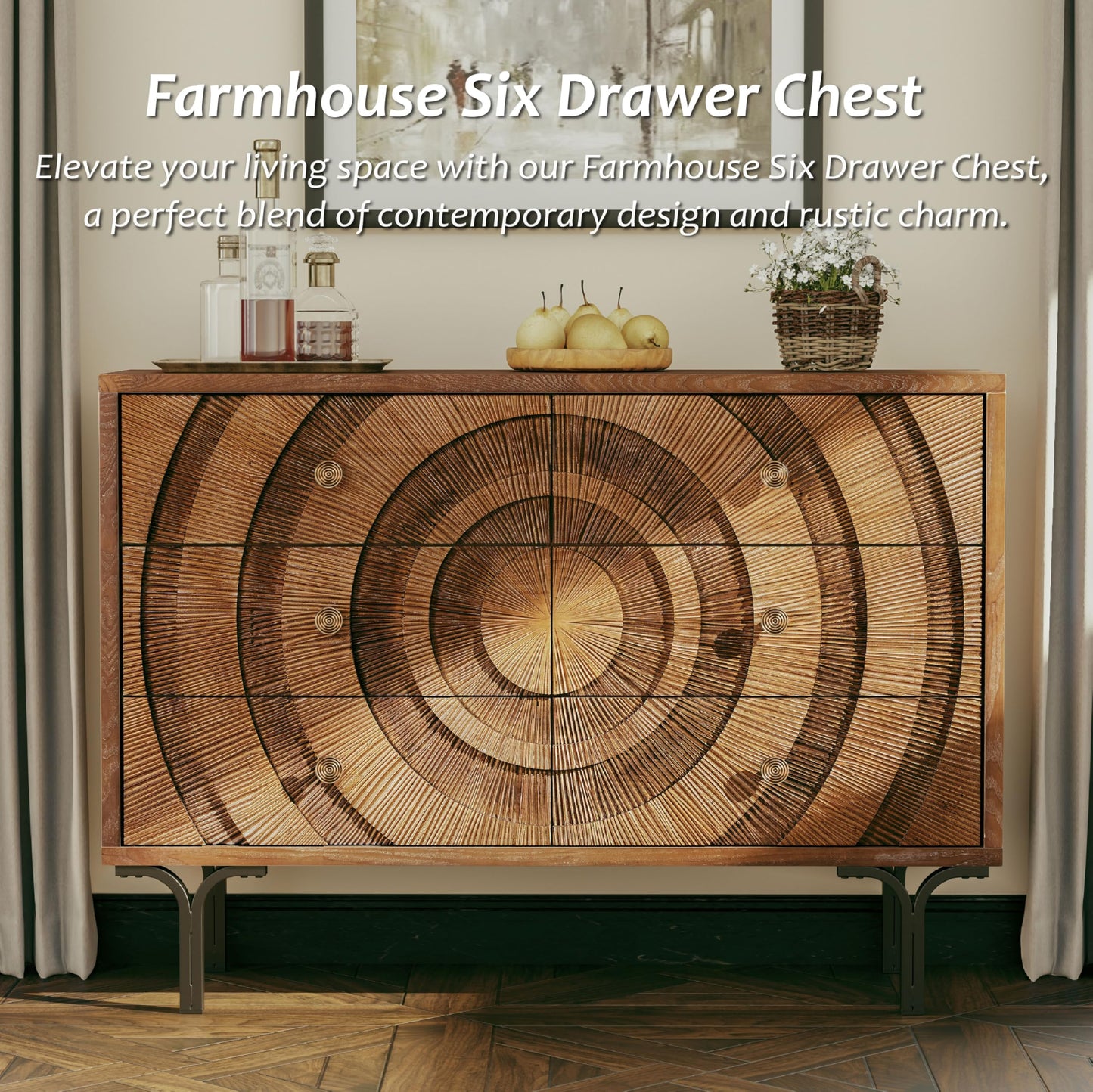 Aoikax Farmhouse 6-Drawer Dresser, Accent Wooden Chest of Drawers with Circle Pattern and Radioactive Wood Lines,Accent Storage Dresser for Living Room, Bedroom, Brown