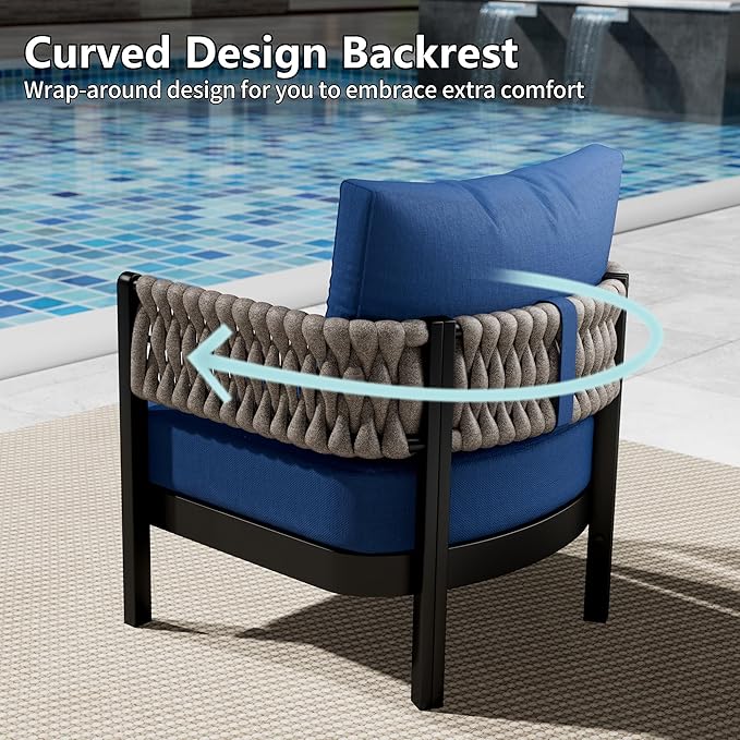 RTDTD Aluminum Patio Furniture Set,8 Pieces HDPE Rope Patio Conversation Sets with Modular Coffee Table,Metal Outdoor Sectional Furniture w/5.9" Thick Cushions for Porch,Deck,Backyard,Navy Blue