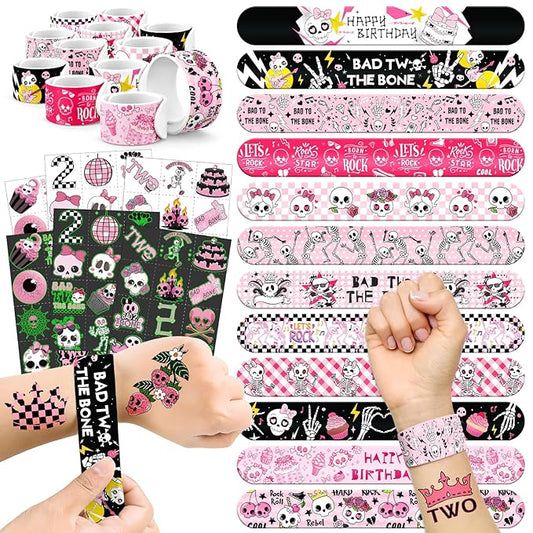 96 PCS Bad Two the Bone Party Favors Set – 72 Pre-Cut Temporary Tattoos & 24 Rock-Inspired Slap Bracelets for Kids, Perfec...