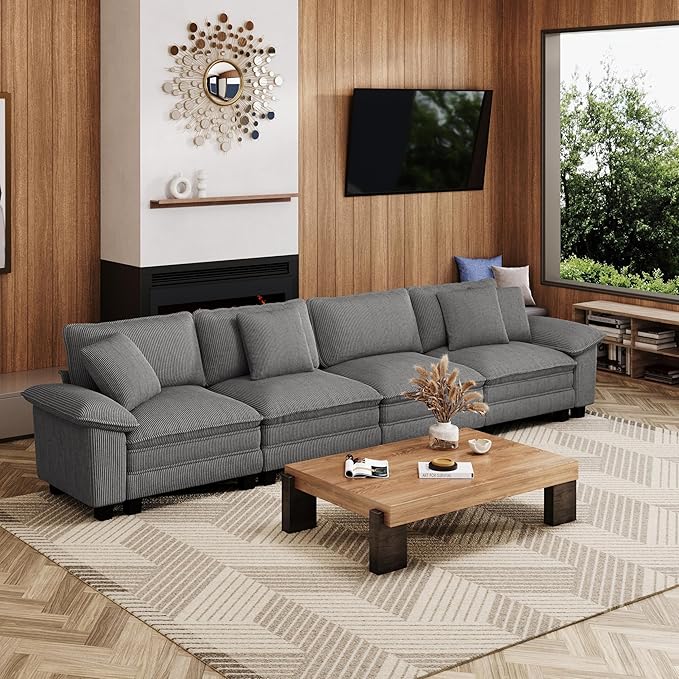 MIXPATIO 157.5" Cloud Modular Sectional Sofa, 4-Seater w/Deep Seat & Removable Arms, Plush Corduroy for Living Room - Gray