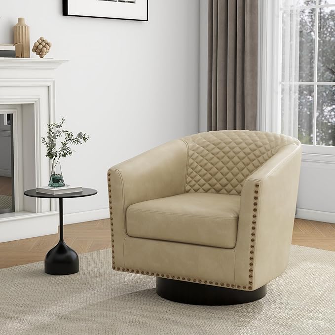 UIXE Swivel Accent Chairs Set of 4, PU Leather Barrel Club Chair for Living Room, Upholstered Round Armchair Comfy Single Sofa Bedroom Reading Seat - Beige Cream