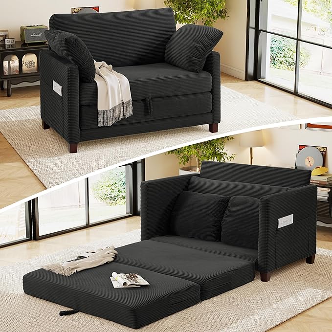 kakuboohi 51" Loveseat Sleeper Sofa Bed, Corduroy Convertible Floor Sofa Bed for Small Spaces, Folding Couch Bed with Deep Seat, 2 Pillows & Solid Frame, Pull Out Floor Couch for Living Room, Black