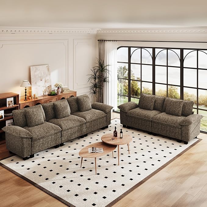 PHI VILLA Cloud Modular Couches Sets, 2 Pieces Comfy Sectional Sofa Set with Loveseat, 5-Seater Upholstered Couch for Living Room, Chenille Fabric, Taupe