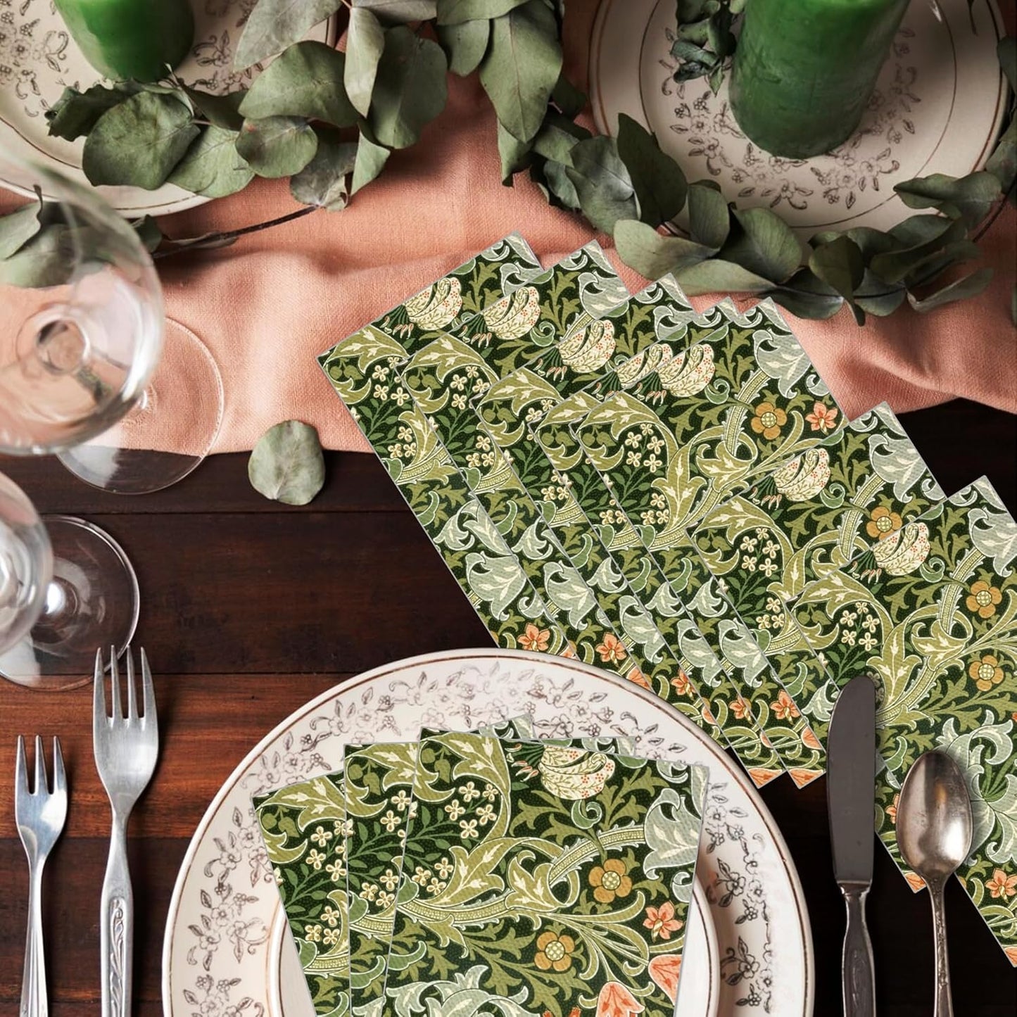 80PCS Vintage Floral Paper Napkins - 4.5x8 Inch Disposable Vintage Floral Guest Napkins, Green Retro Plants Wildflower Lunch Dinner Hand Napkins for Wedding,Tea Garden Party, Party, Bridal Shower